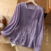 【ACheter】 中式盤扣長袖襯衫文藝復古氣質上衣刺繡精緻高端棉短版# 121242 L 紫色