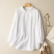 【ACheter】 棉長袖襯衫文藝復古寬鬆休閒短版上衣# 121244 XL 白色