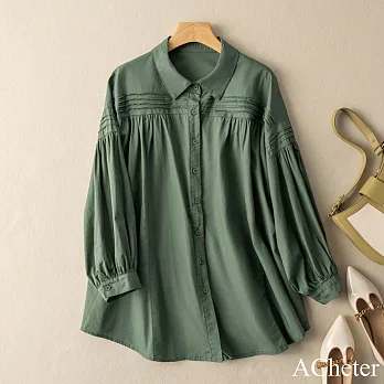 【ACheter】 棉長袖襯衫文藝復古寬鬆休閒短版上衣# 121244 XL 綠色