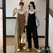 【Jilli~ko】日系棉麻寬鬆顯瘦背帶闊腿連身褲 11703 FREE 黑色