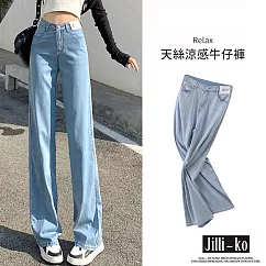 【Jilli~ko】高腰顯瘦垂感天絲牛仔直筒闊腿褲 M─XL J10898 M 藍色