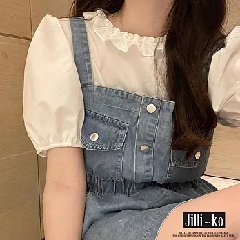 【Jilli~ko】復古牛仔設計感收腰顯瘦工裝背帶裙 J11706  FREE 藍色