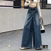 【Jilli~ko】毛邊設計高腰顯瘦大擺直筒闊腿牛仔褲 L-XL J11681 L 藍色