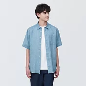 【MUJI 無印良品】男亞麻水洗短袖襯衫 XL 煙燻藍