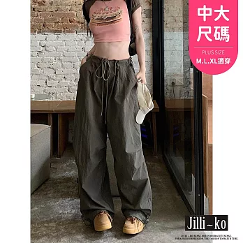 【Jilli~ko】韓版工裝高腰抽繩直筒拖地闊腿褲中大尺碼 J11678  FREE 灰色