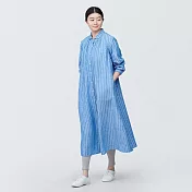 【MUJI 無印良品】女亞麻水洗長袖襯衫洋裝 M 藍直紋