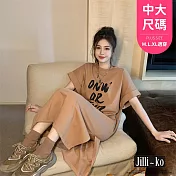 【Jilli~ko】韓系印花寬鬆簡約開衩T恤連衣裙中大尺碼 J11707 FREE 卡其