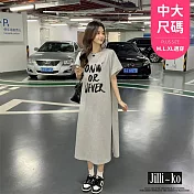 【Jilli~ko】韓系印花寬鬆簡約開衩T恤連衣裙中大尺碼 J11707  FREE 灰色