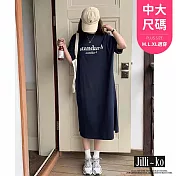 【Jilli~ko】美式簡約印花寬鬆開衩T恤連衣裙中大尺碼 J11711 FREE 深藍色