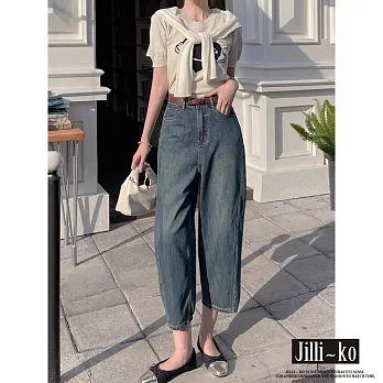 【Jilli~ko】薄款復古高腰寬鬆牛仔闊腿香蕉褲 M-XL J11696  M 藍色