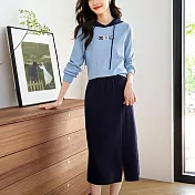 【MsMore】 華夫格撞色連帽長袖套裝時尚休閒半身裙兩件式套裝# 121249 XL 藍色