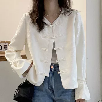 【MsMore】 新中式國風盤扣短外套時尚長袖短版# 121252 M 白色