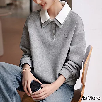 【MsMore】 雙層領設計灰色長袖休閒簡約氣質百搭遮肉顯瘦短版上衣# 121253 M 灰色