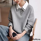 【MsMore】 雙層領設計灰色長袖休閒簡約氣質百搭遮肉顯瘦短版上衣# 121253 XL 灰色