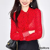 【MsMore】 法式紅色波點系帶飄帶襯衫長袖短版上衣# 120625 XL 紅色