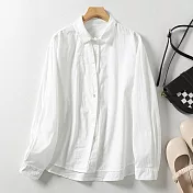 【ACheter】 棉麻感拼接設計翻領單排扣長袖襯衫寬鬆百搭通勤短版上衣# 120643 M 白色