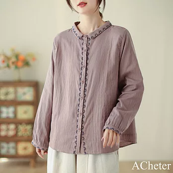 【ACheter】 復古文藝刺繡設計感翻領休閒襯衫舒適長袖棉麻感短版上衣# 120644 XL 紫色