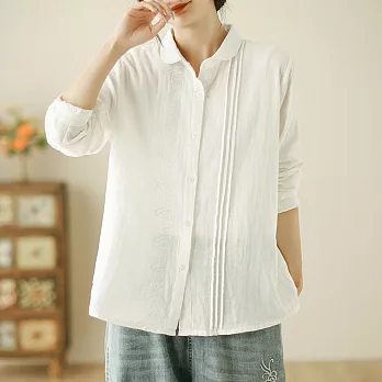 【ACheter】 復古長袖襯衫文藝寬鬆氣質棉紗風琴褶刺繡短版上衣# 120646 M 白色