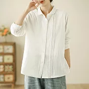 【ACheter】 復古長袖襯衫文藝寬鬆氣質棉紗風琴褶刺繡短版上衣# 120646 XL 白色