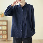 【ACheter】 復古長袖襯衫文藝寬鬆氣質棉紗風琴褶刺繡短版上衣# 120646 XL 藏青色