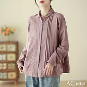 【ACheter】 復古長袖襯衫文藝寬鬆氣質棉紗風琴褶刺繡短版上衣# 120646 M 紫色