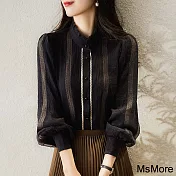 【MsMore】 法式木耳蕾絲邊小立領雙層單排扣長袖襯衫短版上衣# 120749 M 黑色