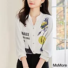 【MsMore】 優雅淑女氣質時尚浪漫印花長袖襯衫V領短版上衣# 120752 M 白色