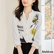 【MsMore】 優雅淑女氣質時尚浪漫印花長袖襯衫V領短版上衣# 120752 M 白色