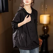 【MsMore】 氣質連帽外套長袖寬鬆心釦中長版襯衫式風衣# 120778 M 黑色