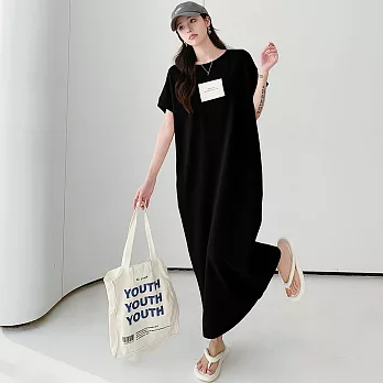 【MsMore】 簡約字母大碼連身裙寬鬆束腰短袖T恤OP長版洋裝# 120813 L 黑色