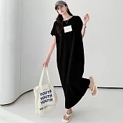 【MsMore】 簡約字母大碼連身裙寬鬆束腰短袖T恤OP長版洋裝# 120813 2XL 黑色
