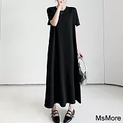 【MsMore】 黑色連身裙圓領t恤顯瘦高級感寬鬆短袖長版洋裝# 120815 XL 黑色