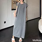 【MsMore】 小飛短袖拼接銀絲帶圓領寬鬆長款T恤連身裙休閒洋裝# 120818 XL 灰色