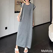 【MsMore】 小飛短袖拼接銀絲帶圓領寬鬆長款T恤連身裙休閒洋裝# 120818 3XL 灰色