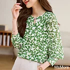 【MsMore】 綠色雪紡長袖法式圓領上衣碎花設計感溫柔短版# 120826 S 綠色