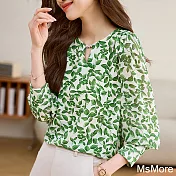 【MsMore】 綠色雪紡長袖法式圓領上衣碎花設計感溫柔短版# 120826 S 綠色