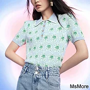 【MsMore】 氣質polo領小花緹花寬鬆針織衫短款上衣# 121048 FREE 綠色