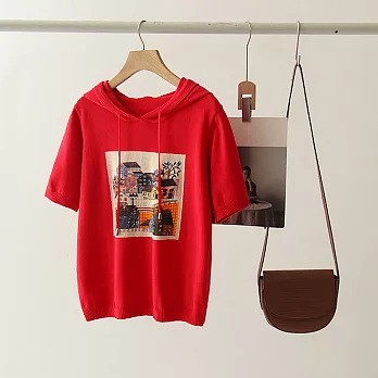 【MsMore】 韓版印花連帽短袖寬鬆薄款針織短版上衣# 121105 FREE 紅色