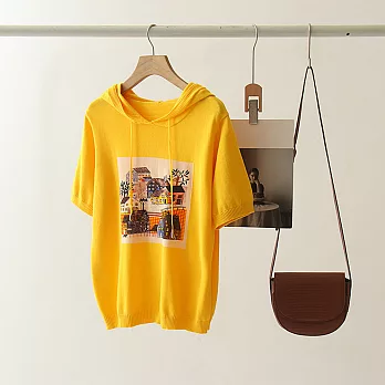 【MsMore】 韓版印花連帽短袖寬鬆薄款針織短版上衣# 121105 FREE 黃色