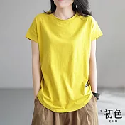 【初色】休閒百搭純色拼接寬鬆圓領短袖T恤上衣-共5色-69360(M-2XL可選) L 黃色