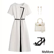 【MsMore】 設計師拼接連身裙OL氣質簡約A字收腰短袖長版洋裝# 120679 L 白色