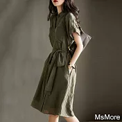 【MsMore】 連身裙時尚流行豎向肌理感工裝風系帶顯瘦短袖中長版洋裝# 120680 2XL 綠色