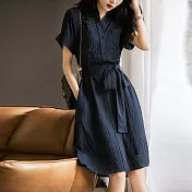 【MsMore】 連身裙時尚流行豎向肌理感工裝風系帶顯瘦短袖中長版洋裝# 120680 L 藏青色