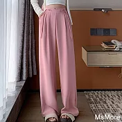 【MsMore】 高腰新中式休閒直筒垂感百搭寬鬆西褲闊腿拖地長褲# 120726 M 粉紅色
