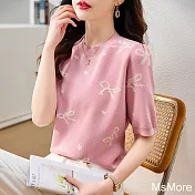 【MsMore】 粉色蝴蝶結緹花圓領短袖針織衫通勤短版上衣# 121108 FREE 粉紅色