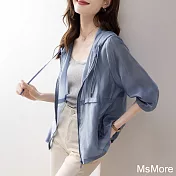 【MsMore】 連帽輕薄空調衫新款韓版休閒透氣輕薄防曬長袖短版外套# 121147 L 藍色
