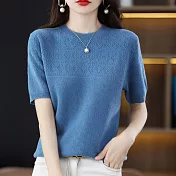 【MsMore】 韓版短袖新款圓領薄款鏤空短版羊絨感上衣# 121197 FREE 藍色