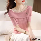 【MsMore】 一字領氣質短袖薄款修身顯瘦冰絲時尚針織衫短版上衣# 121202 FREE 粉紅色