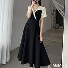 【MsMore】 大碼法式復古赫本風連身裙氣質女神范A字長版洋裝# 121222 M 黑色