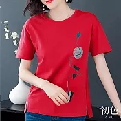 【初色】圓領幾何抽象印花中大碼短袖T恤上衣女上衣-共5色-32577(M-2XL可選) L 紅色